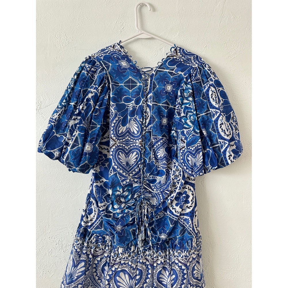 Farm Rio Blue Tiles Mini Dress XL Blue White Floral Ruched Puff Sleeve V-Neck - Picture 8 of 8